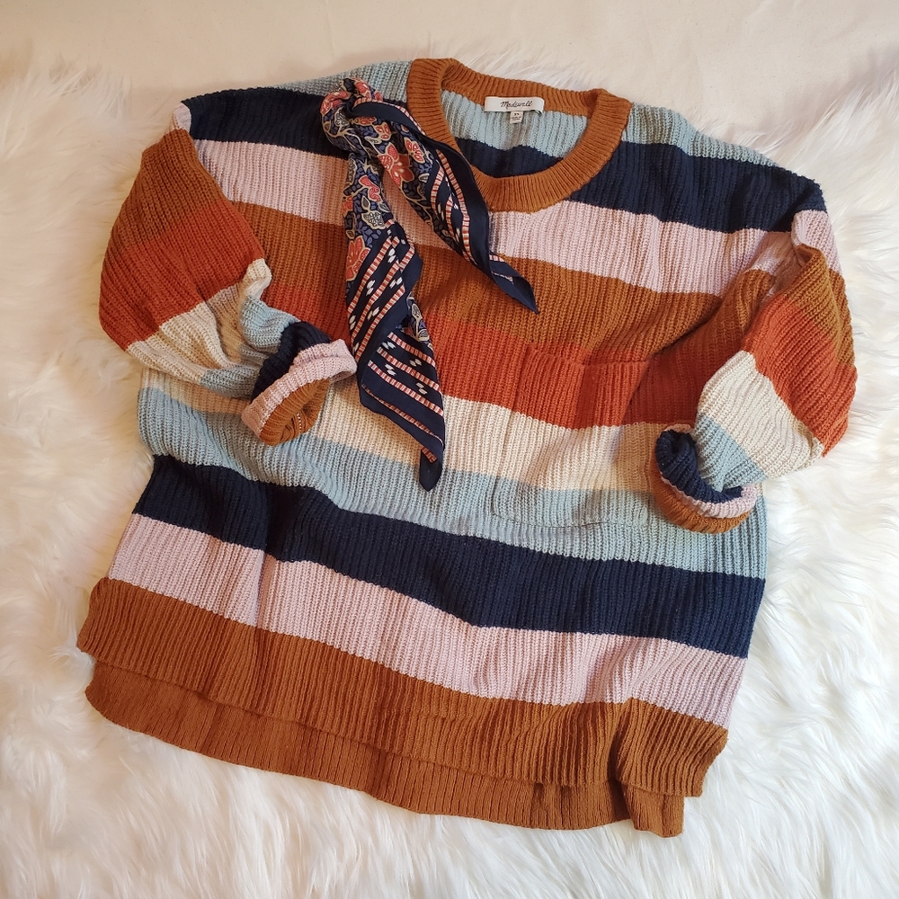Madewell Thompson Pocket Pullover Sweater in Rainbow Stripe, XS